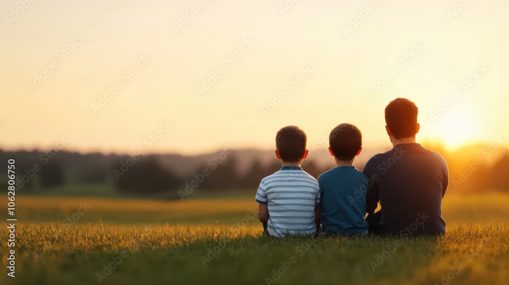 Fototapeta premium Father and sons enjoy a serene sunset together in nature's embrace