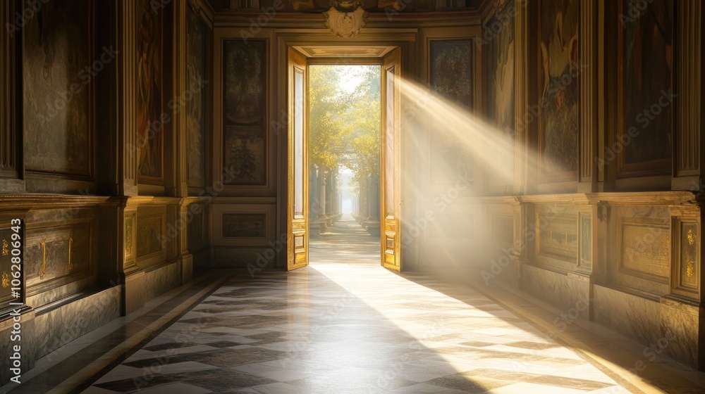 A sunbeam shines through an open doorway in a grand hallway with paintings on the walls, leading to a garden outside. A sunbeam shines through an open doorway in a grand hallway with paintings on the walls, leading to a garden outside.