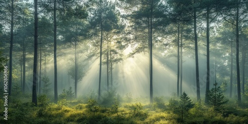 Sunbeams Illuminating a Misty Pine Forest