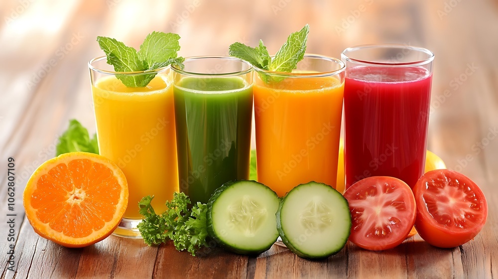 Fresh, colorful juices in clear glasses, surrounded by fruits and vegetables, showcasing a healthy lifestyle. Fresh, colorful juices in clear glasses, surrounded by fruits and vegetables, showcasing a healthy lifestyle.