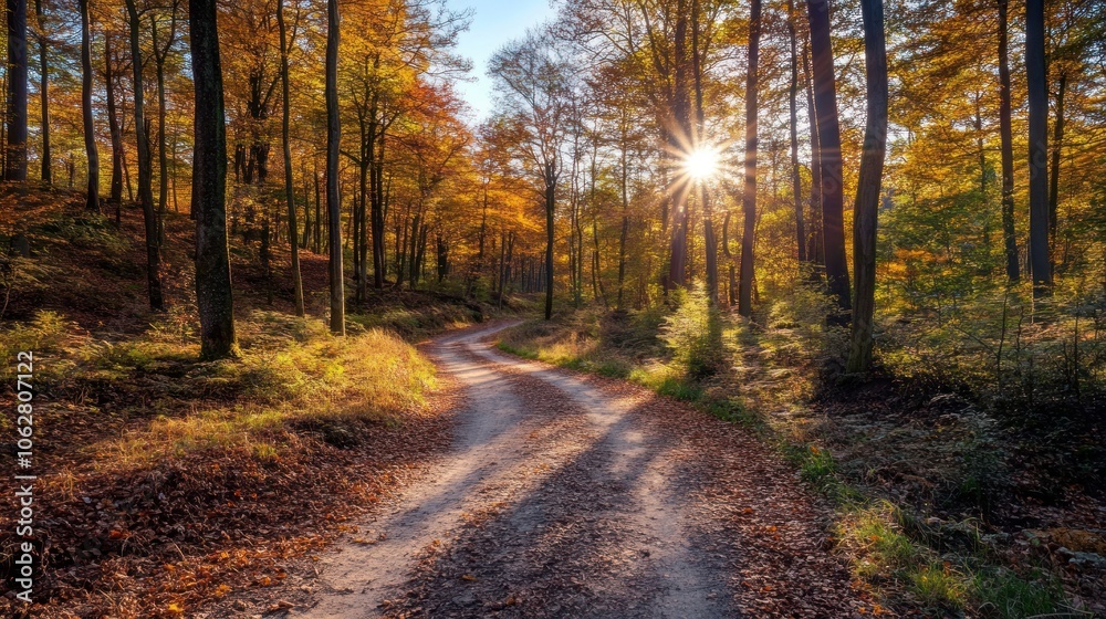 A winding dirt road through a forest, bathed in the golden light of the setting sun. The trees are ablaze with autumn colors, creating a breathtakingly beautiful scene. A winding dirt road through a forest, bathed in the golden light of the setting sun. The trees are ablaze with autumn colors, creating a breathtakingly beautiful scene.