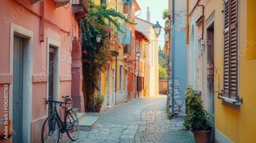 Fototapeta Naklejka Na Ścianę i Meble -  Narrow streets of a fishing village with colorful houses and bicycles in the morning.