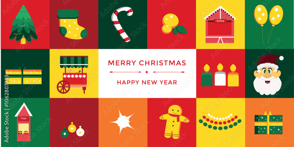 Christmas and new year banner. Xmas background. Color pattern with Christmas icons. Vector illustration Christmas and new year banner. Xmas background. Color pattern with Christmas icons. Vector illustration