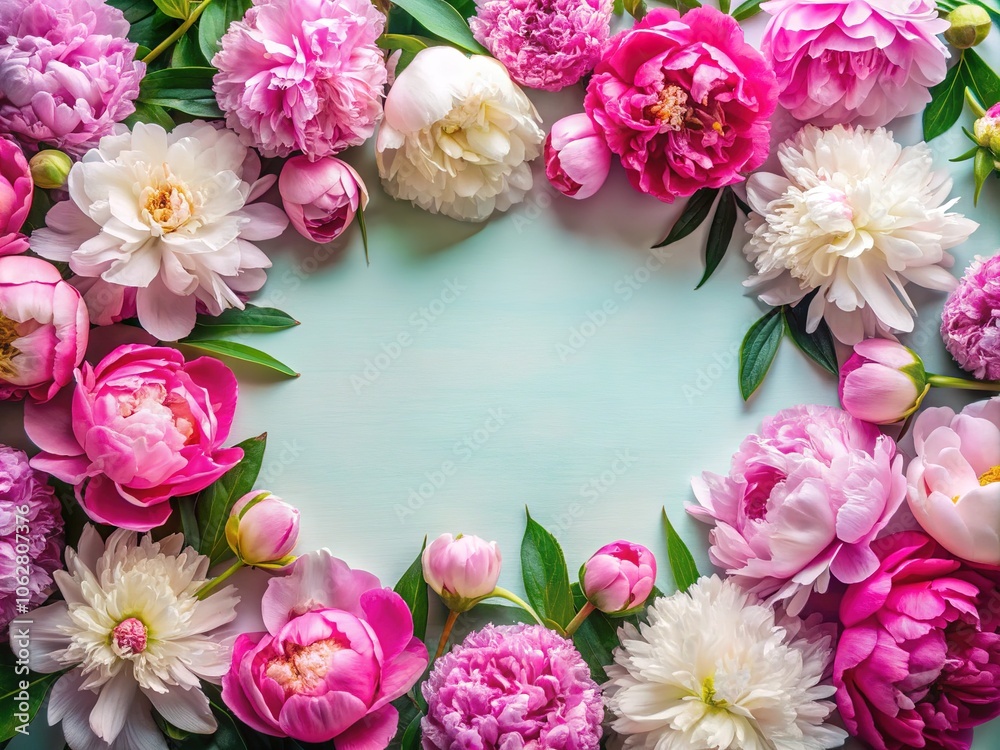 A delicate arrangement of pink and white peonies nestled within a pastel paper frame. A delicate arrangement of pink and white peonies nestled within a pastel paper frame.