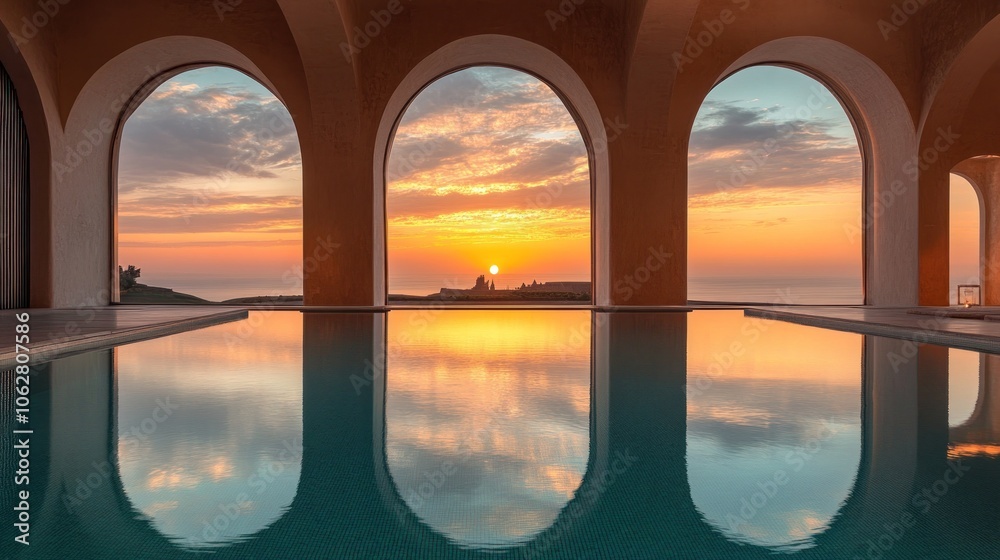 Fototapeta premium A stunning view of a sunrise over the ocean, seen through three arched windows from a luxury hotel pool.