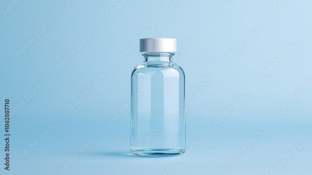 A clear glass bottle with a silver cap, set against a soft blue background, creating a minimalist and modern aesthetic. A clear glass bottle with a silver cap, set against a soft blue background, creating a minimalist and modern aesthetic.