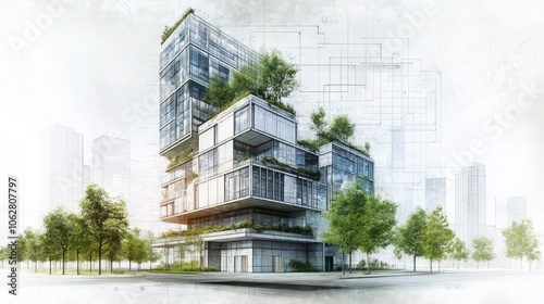 Architectural rendering of a modern skyscraper with green plants and trees on balconies, showcasing sustainable urban design and a blend of nature and technology.