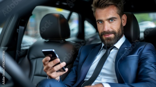 Businessman Checks Smartphone in Luxurious Car Interior