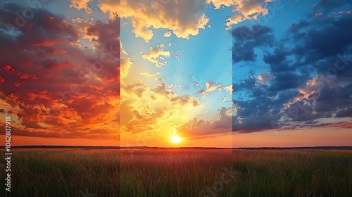 Three-part sky journey over a grassy field; sunrise with a gentle, warming glow, midday with bright blue and sunlit clouds, and sunset with deep, fiery colors,