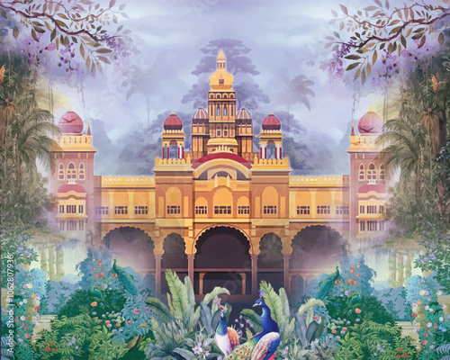 A traditional Mughal garden design features a geometric pattern with a plant arch and a bird. Mughal Palacegraden peacock traditional vintage landscape
