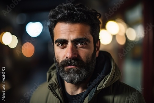 Handsome man with a long beard and mustache in a night city