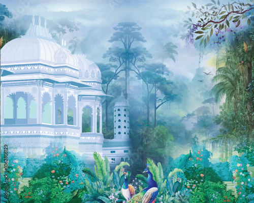 A traditional Mughal garden design features a geometric pattern with a plant arch and a bird. Mughal Palacegraden peacock traditional vintage landscape