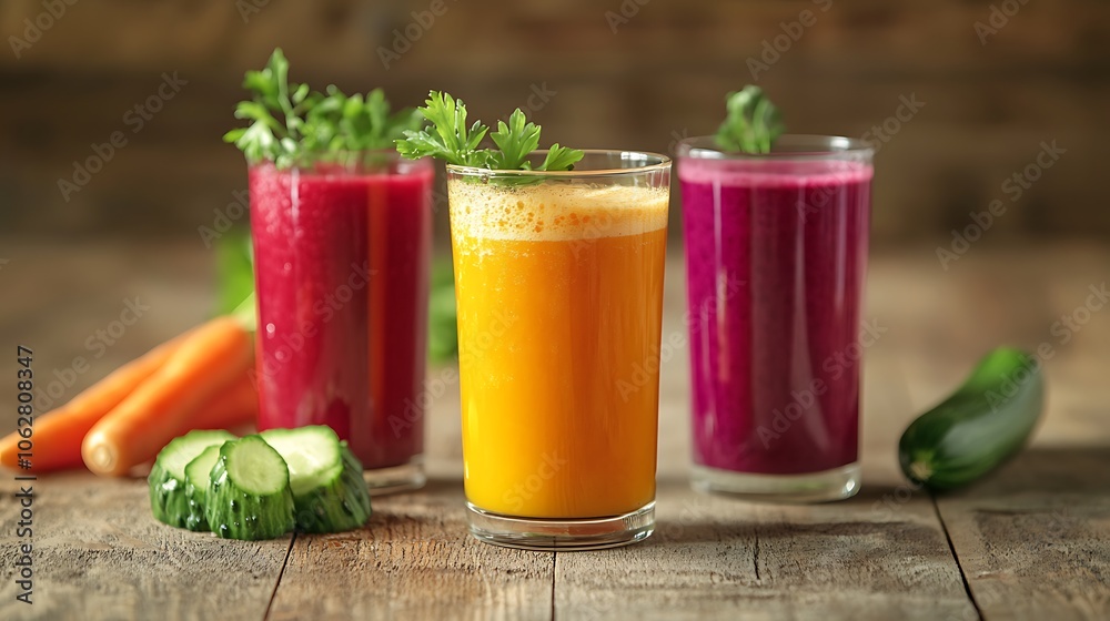 Three vibrant fruit and vegetable juices in glasses, showcasing healthy colors and freshness, placed on a rustic wooden table. Three vibrant fruit and vegetable juices in glasses, showcasing healthy colors and freshness, placed on a rustic wooden table.