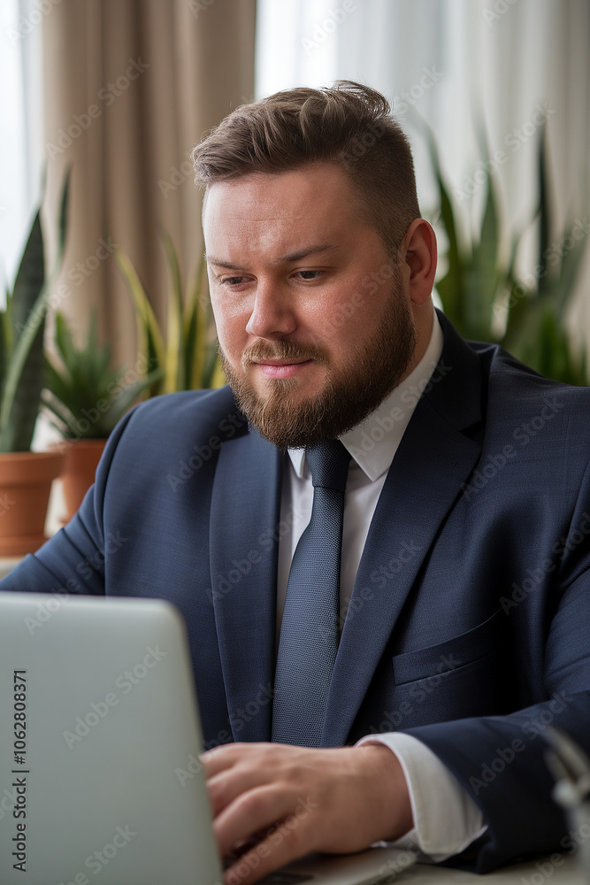 Confident plus-size businessman in a suit working on a laptop at his desk Confident plus-size businessman in a suit working on a laptop at his desk