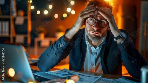 Frustrated Worker in Corporate Environment at Night