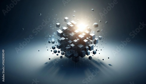 Abstract 3D futuristic composition featuring floating cubes and particles, illuminated by a soft, ethereal light. Perfect for technology, digital concepts, and modern art visuals.