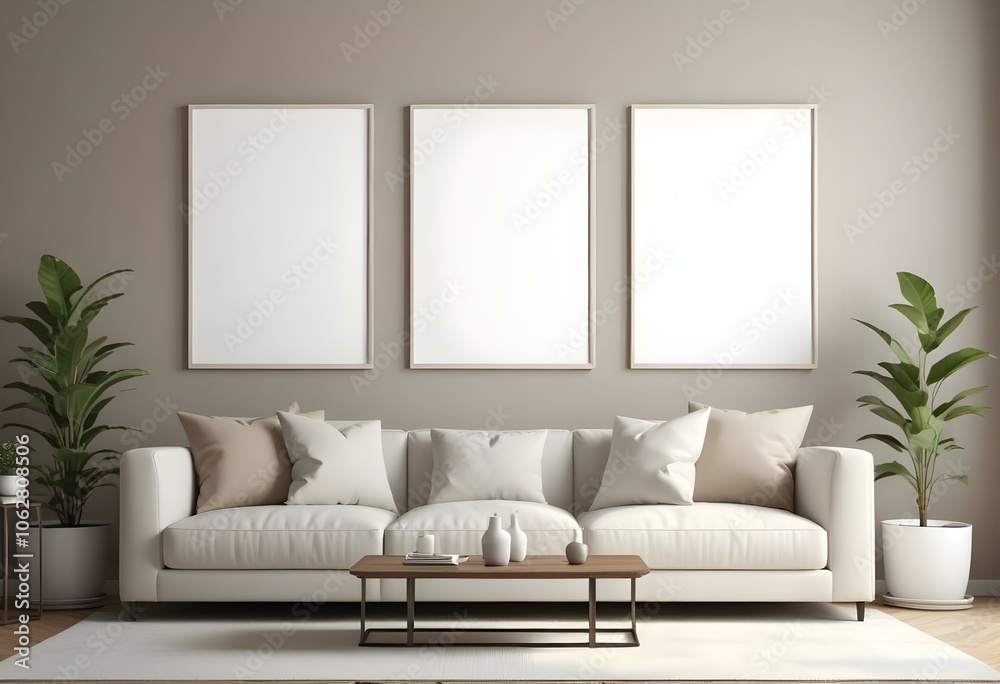 A modern living room with a beige sofa, beige throw pillows, and three empty white frames on the wall. A modern living room with a beige sofa, beige throw pillows, and three empty white frames on the wall.