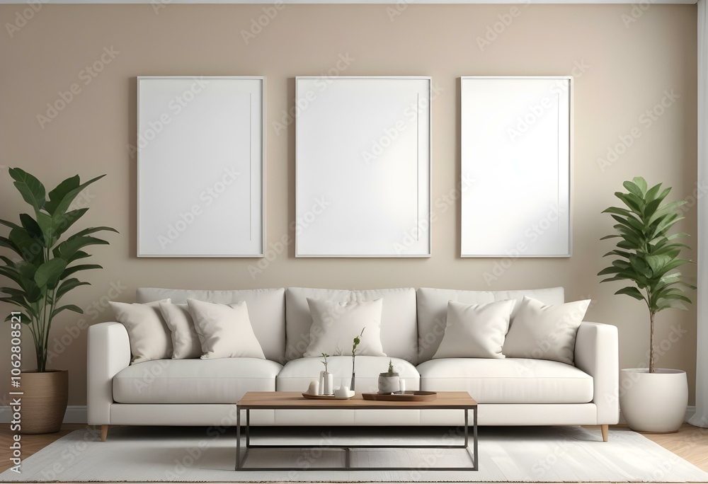 Fototapeta premium A modern living room with a beige sofa, beige throw pillows, and three empty white frames on the wall.