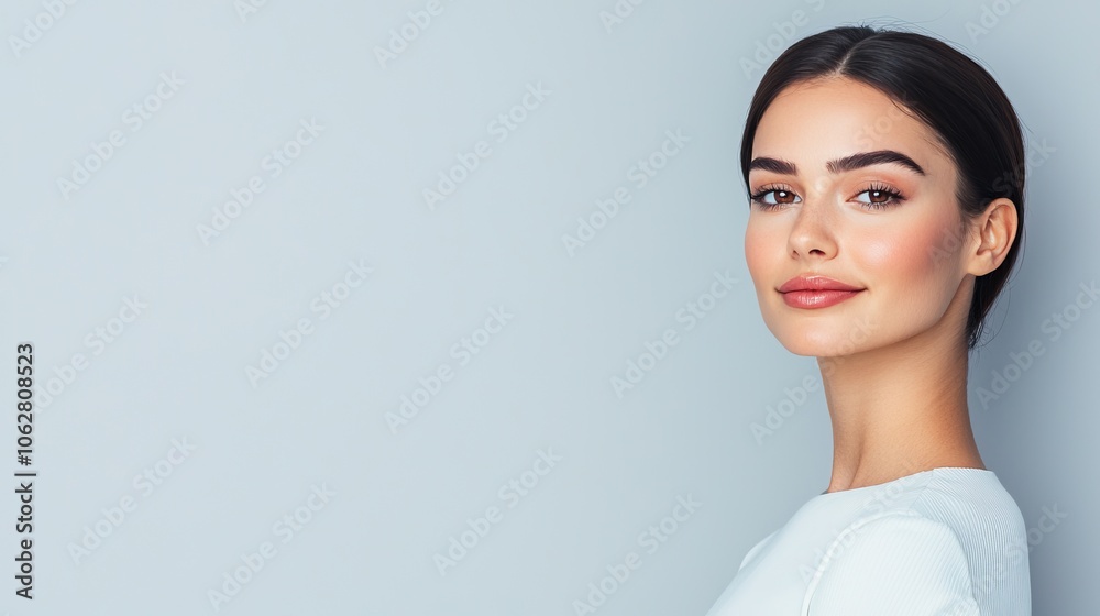 A close-up portrait of a woman with a radiant smile, showcasing a natural and elegant look against a soft, light background. A close-up portrait of a woman with a radiant smile, showcasing a natural and elegant look against a soft, light background.