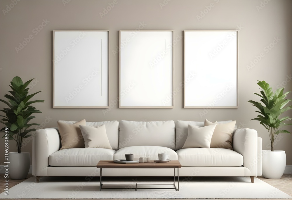 Fototapeta premium A modern living room with a beige sofa, beige throw pillows, and three empty white frames on the wall.