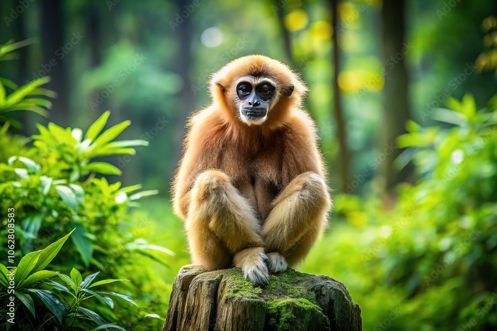 A Lar Gibbon perched atop a weathered tree stump, a serene portrait of wildlife. A Lar Gibbon perched atop a weathered tree stump, a serene portrait of wildlife.