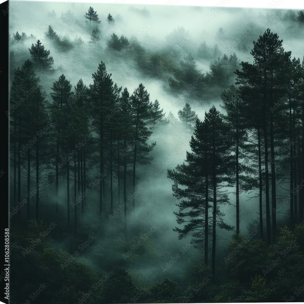 Misty Forest with Tall Pine Trees