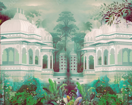 A traditional Mughal garden design features a geometric pattern with a plant arch and a bird. Mughal Palacegraden peacock traditional vintage landscape