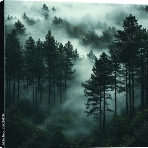 Obraz na płótnie Misty Forest with Tall Pine Trees w salonie