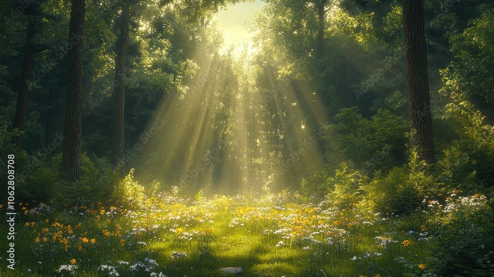 Sunlight streams through trees in a serene forest landscape. Sunlight streams through trees in a serene forest landscape.