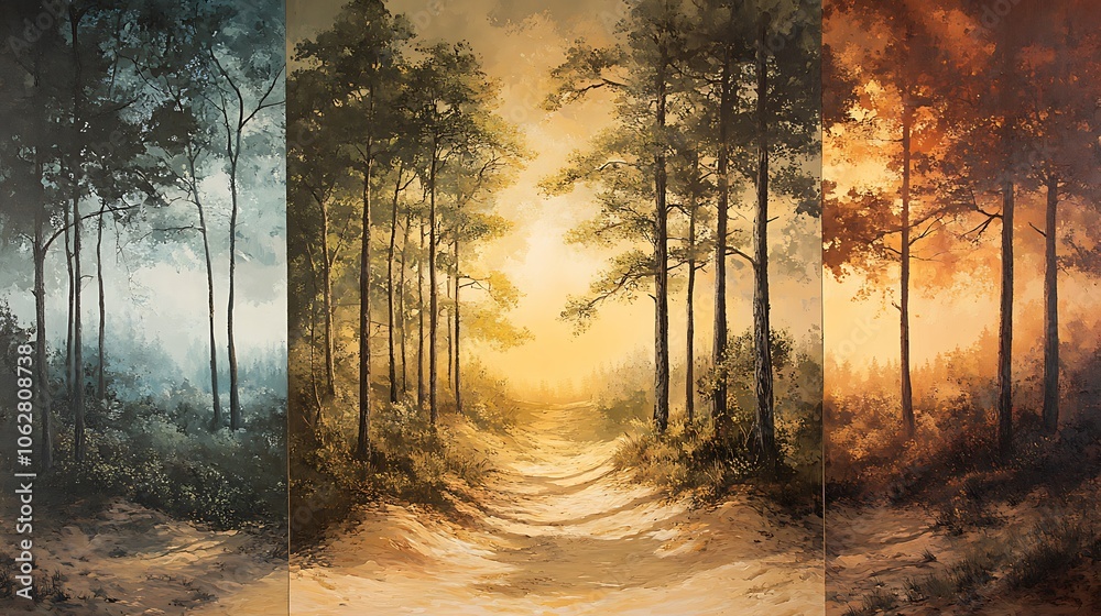 Naklejka premium Three-stage landscape from forest to desert; dense woodland with cool light in the first, dry and shrinking forest in the middle, and open desert sands under intense sun in the third,