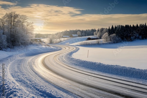 Serene winter landscape along a winding country road