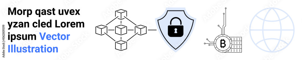 Blockchain network, secure shield with lock, microchip, and globe. Ideal for blockchain, cybersecurity, global connectivity, tech innovation, data protection, digital currency, and IT solutions Blockchain network, secure shield with lock, microchip, and globe. Ideal for blockchain, cybersecurity, global connectivity, tech innovation, data protection, digital currency, and IT solutions