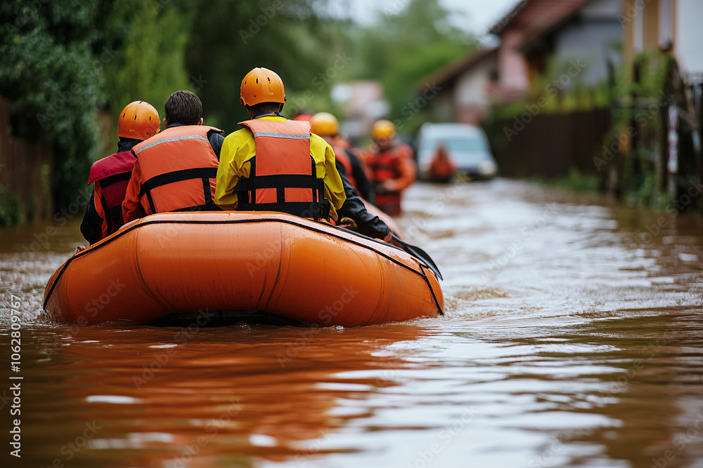 Rescue workers helping people evacuate from a flooded area Rescue workers helping people evacuate from a flooded area