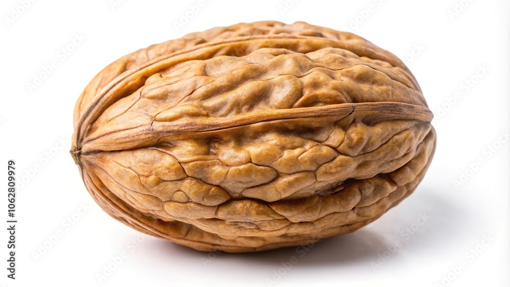 A singular, dry walnut, pristine and isolated against a pure white backdrop.