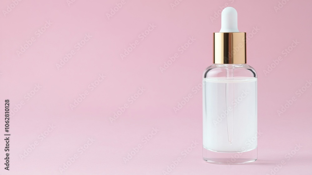A sleek glass dropper bottle filled with a clear serum, set against a soft pink background, exuding simplicity and elegance. A sleek glass dropper bottle filled with a clear serum, set against a soft pink background, exuding simplicity and elegance.
