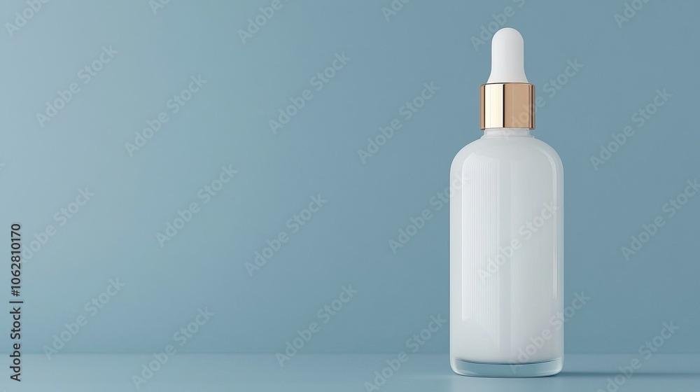 A sleek glass serum bottle with a dropper cap, set against a minimalist blue background, showcasing elegance and modern skincare. A sleek glass serum bottle with a dropper cap, set against a minimalist blue background, showcasing elegance and modern skincare.