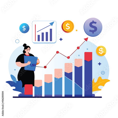 Businesswoman monitors financial growth on a rising bar graph