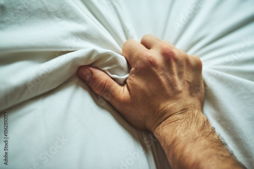 Canvastavla Hand, sheet and man with pleasure on bed in home for grip with ecstasy, climax or excitement