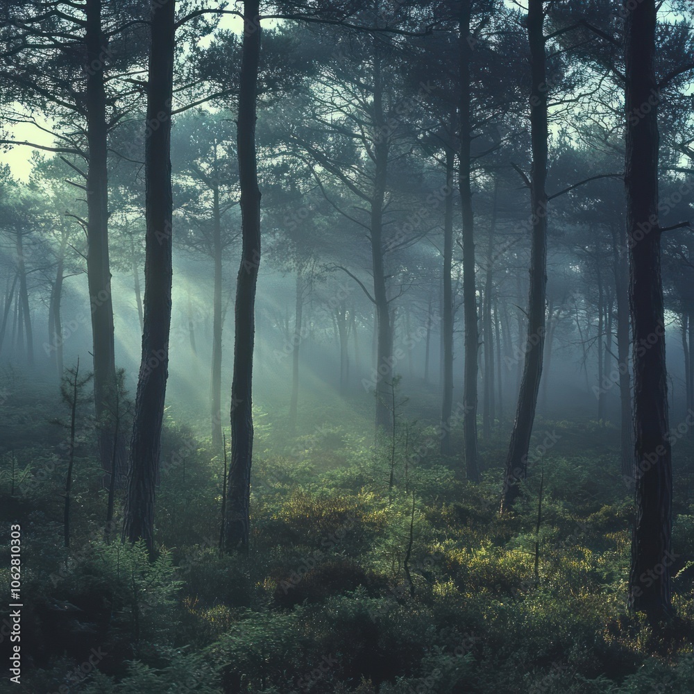 Fototapeta premium Sunbeams Shining Through a Misty Forest