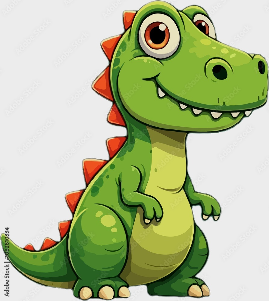 Fototapeta premium a cheerful and cartoonish dinosaur. The dinosaur is primarily green with a lighter shade of green on its belly and a row of orange spikes running down its back. Its eyes are large and expressive, with