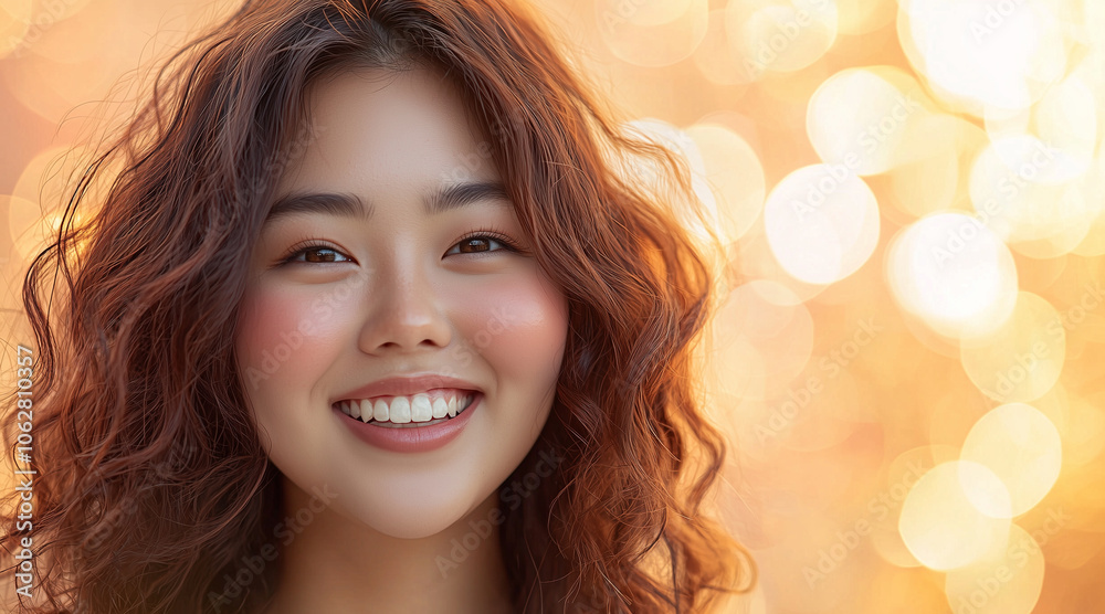 Closeup portrait of a joyful Plus-size young asian woman, smiling confidently with a bright expression. Background is softly blurred with warm lighting Closeup portrait of a joyful Plus-size young asian woman, smiling confidently with a bright expression. Background is softly blurred with warm lighting