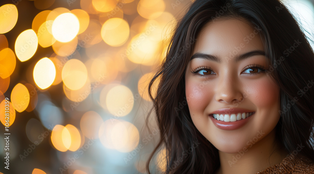 Closeup portrait of a joyful Plus-size young asian woman, smiling confidently with a bright expression. Background is softly blurred with warm lighting Closeup portrait of a joyful Plus-size young asian woman, smiling confidently with a bright expression. Background is softly blurred with warm lighting