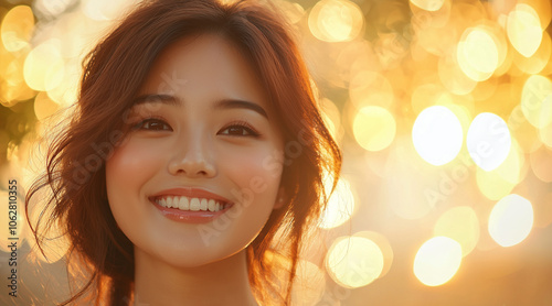  Closeup portrait of a joyful Plus-size young asian woman, smiling confidently with a bright expression. Background is softly blurred with warm lighting