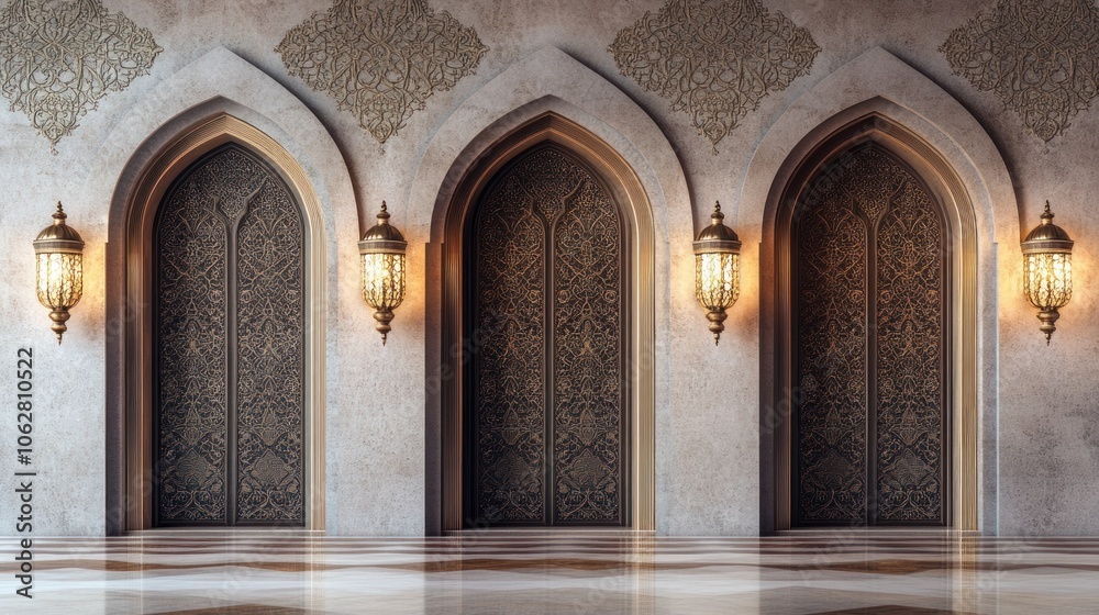 Three ornate arched doorways with intricate details, lit by lanterns, in a luxurious interior setting. Three ornate arched doorways with intricate details, lit by lanterns, in a luxurious interior setting.