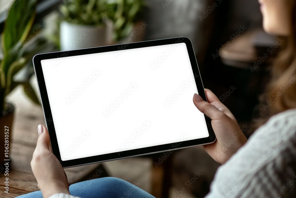 The tablet in her hands features a pristine, blank display. The tablet in her hands features a pristine, blank display.