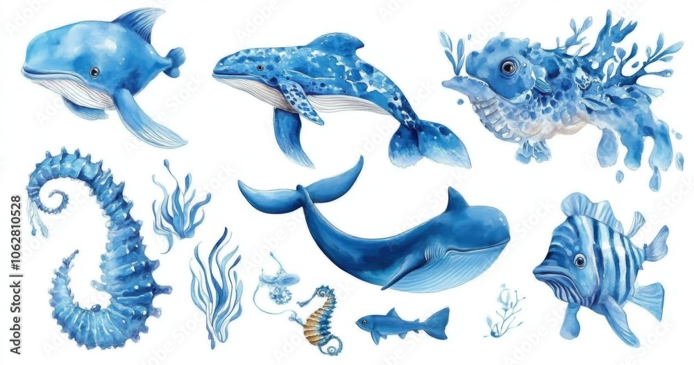 A vibrant watercolor collection featuring diverse sea animals.