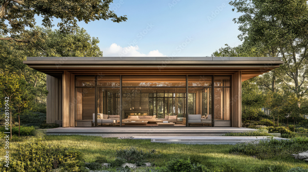 Fototapeta premium Modern minimalist house surrounded by lush greenery in a serene natural setting during daytime