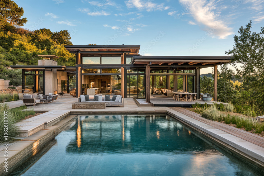 Fototapeta premium Modern hillside home with expansive windows and inviting swimming pool at sunset