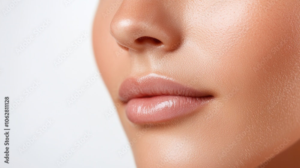 Obraz premium A close-up view of a woman's lips and cheek, showcasing smooth, glowing skin with a subtle sheen.