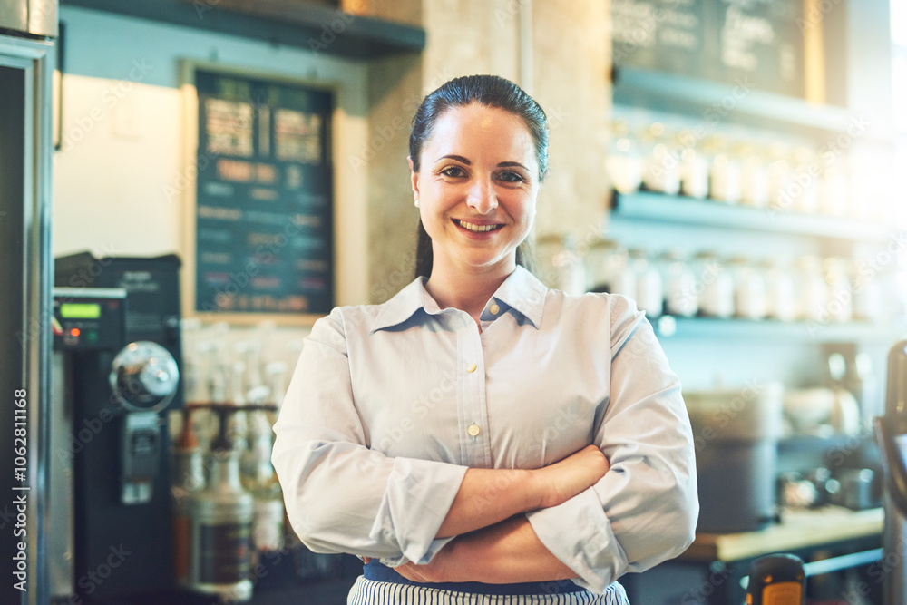 Fototapeta premium Crossed arms, happy and portrait of barista in restaurant with confidence for food industry. Job, pride and woman waitress from Canada with smile for hospitality career in cafe with serving service